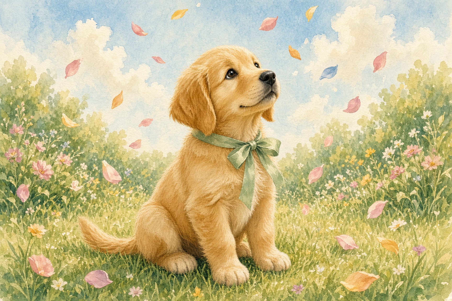 A proud golden retriever puppy sitting in a sunny garden