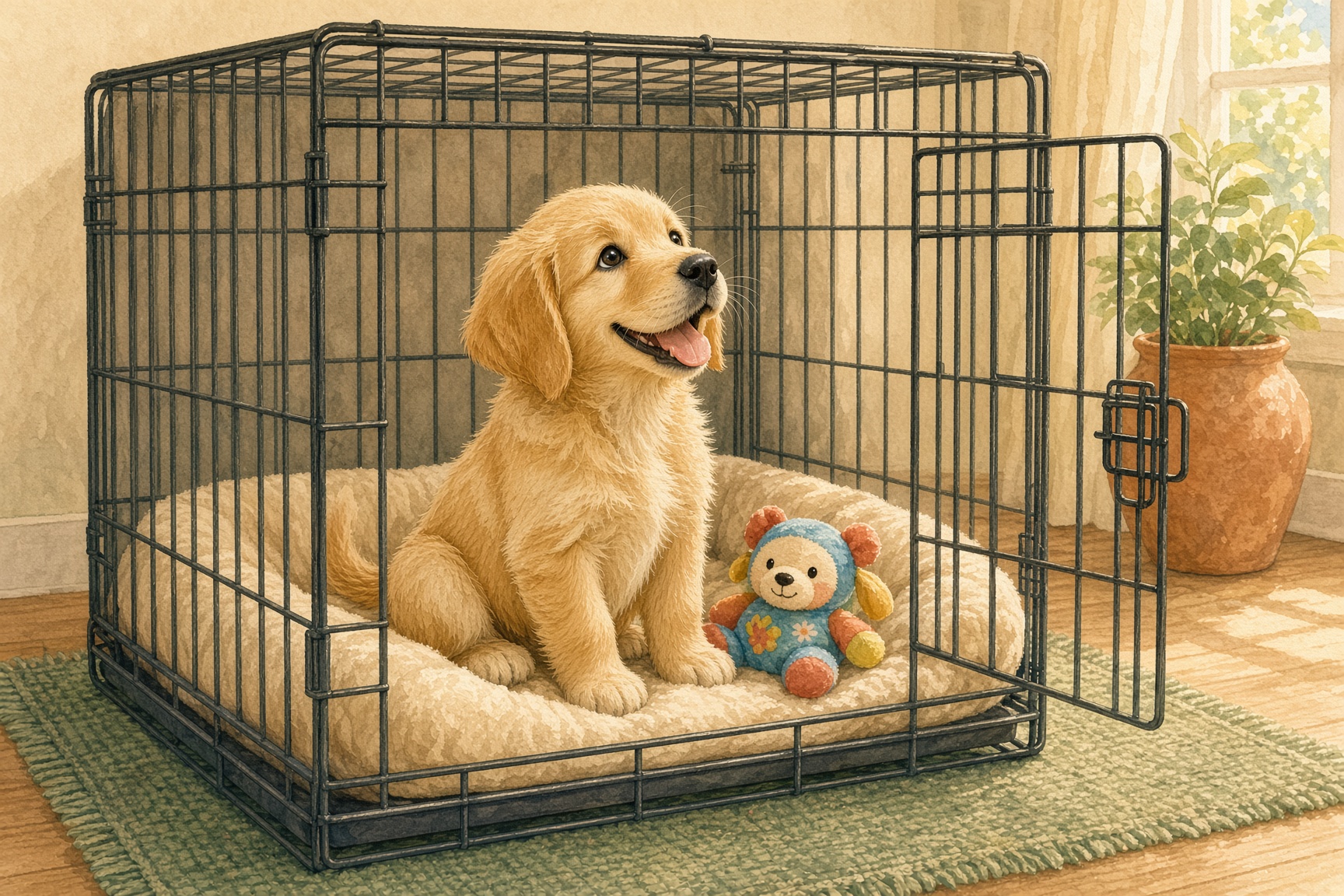 A golden retriever puppy sitting in an open crate