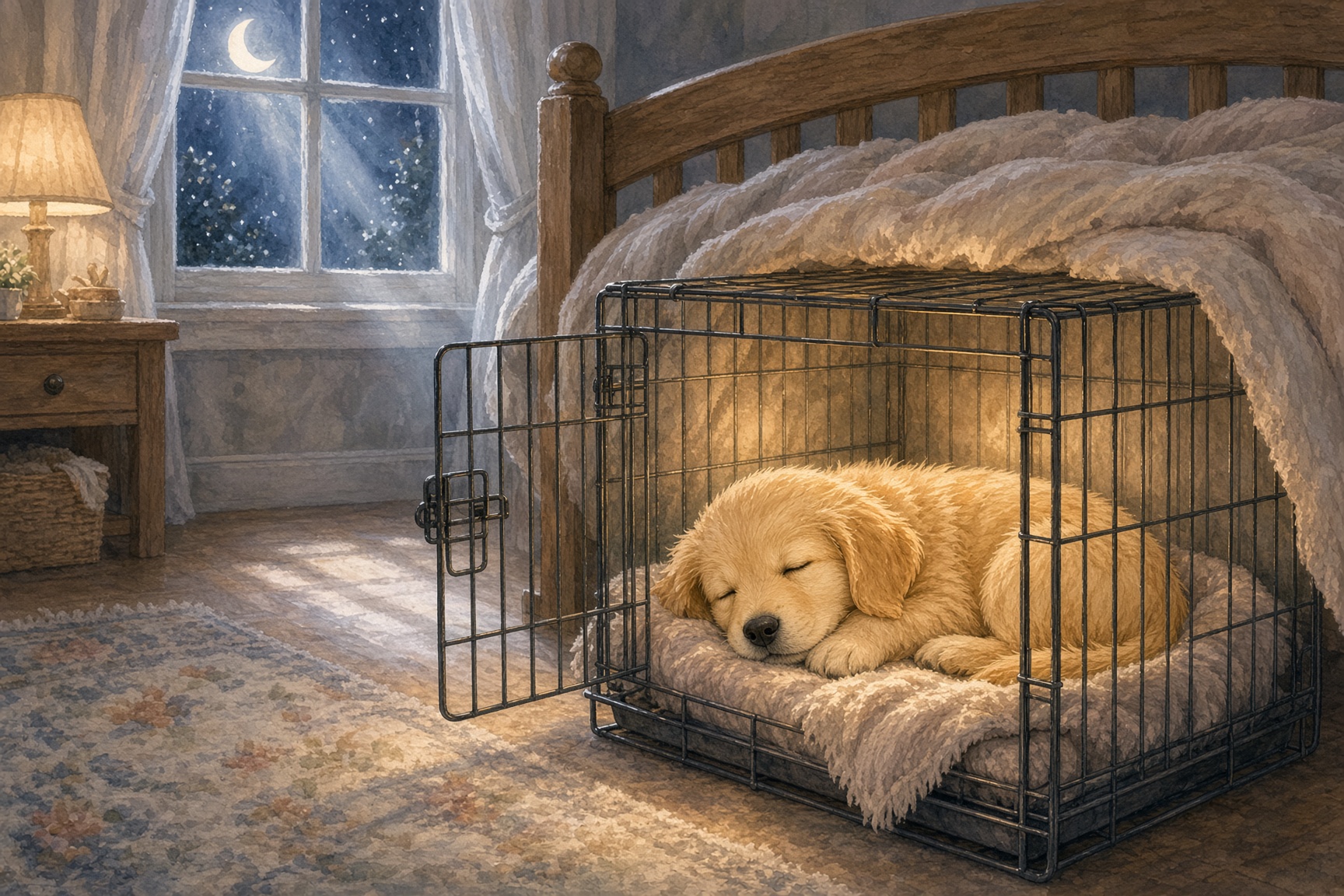A puppy sleeping in a crate beside a bed at night