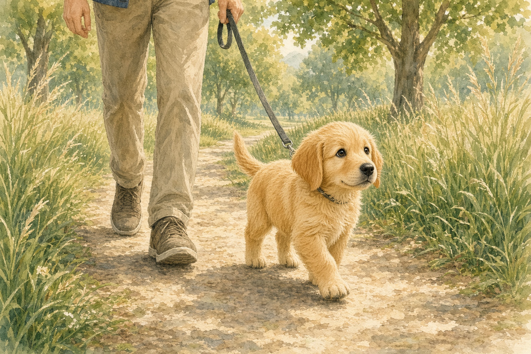 A golden retriever puppy on a leash walking a park path