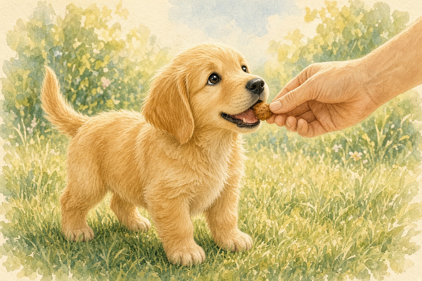A golden retriever puppy receiving a treat outdoors after going potty