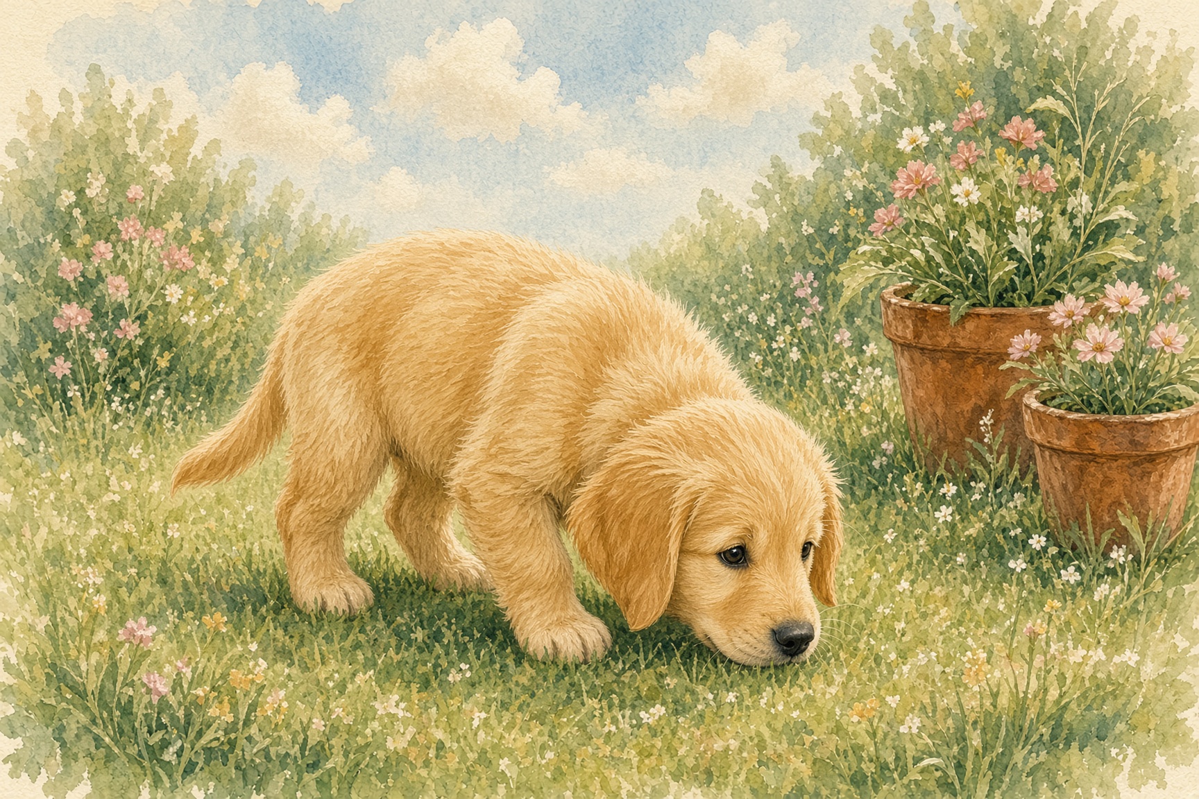 A golden retriever puppy sniffing grass, a common potty signal