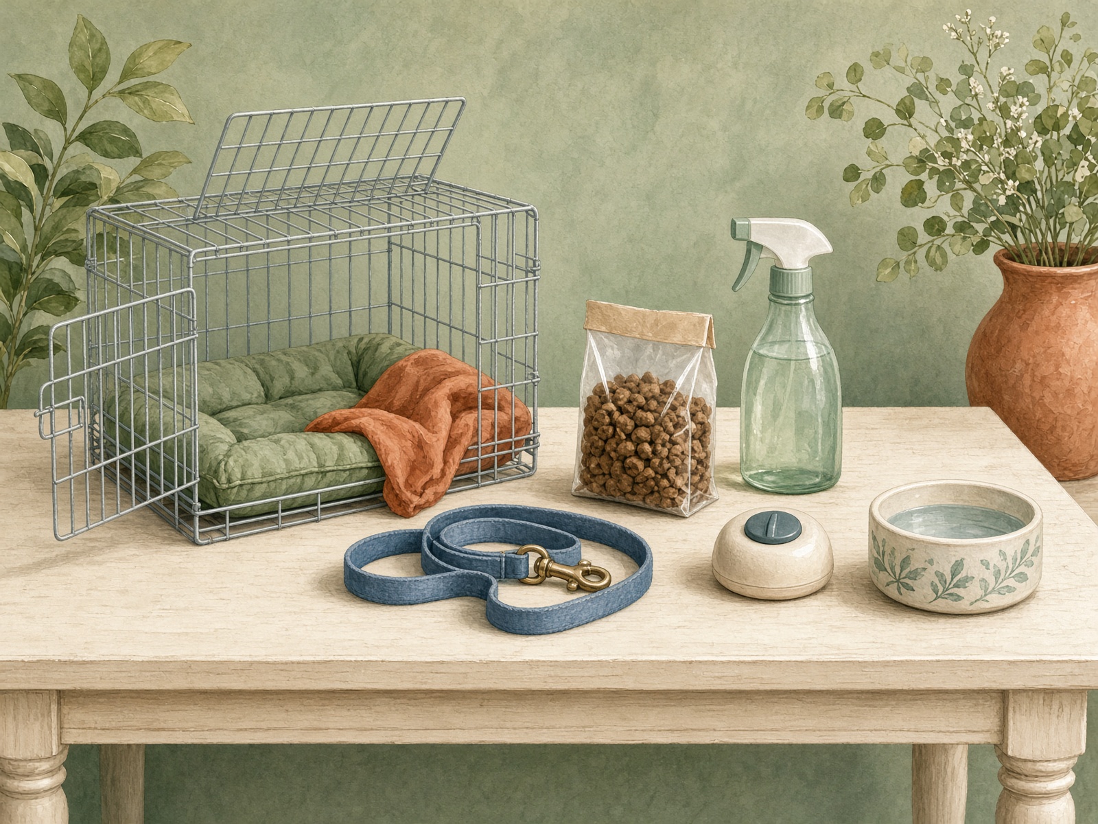 Puppy housetraining supplies including a crate, leash, treats, cleaner, and timer