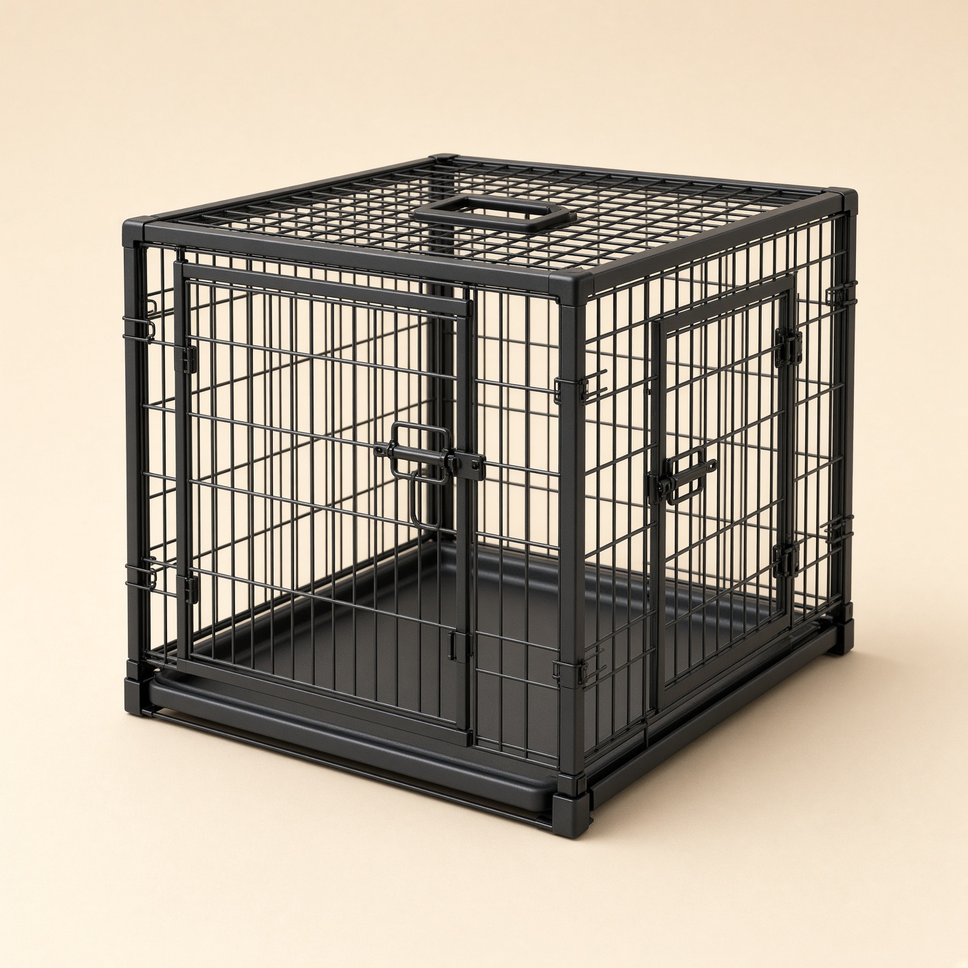 A black folding metal puppy crate with two doors and a removable tray