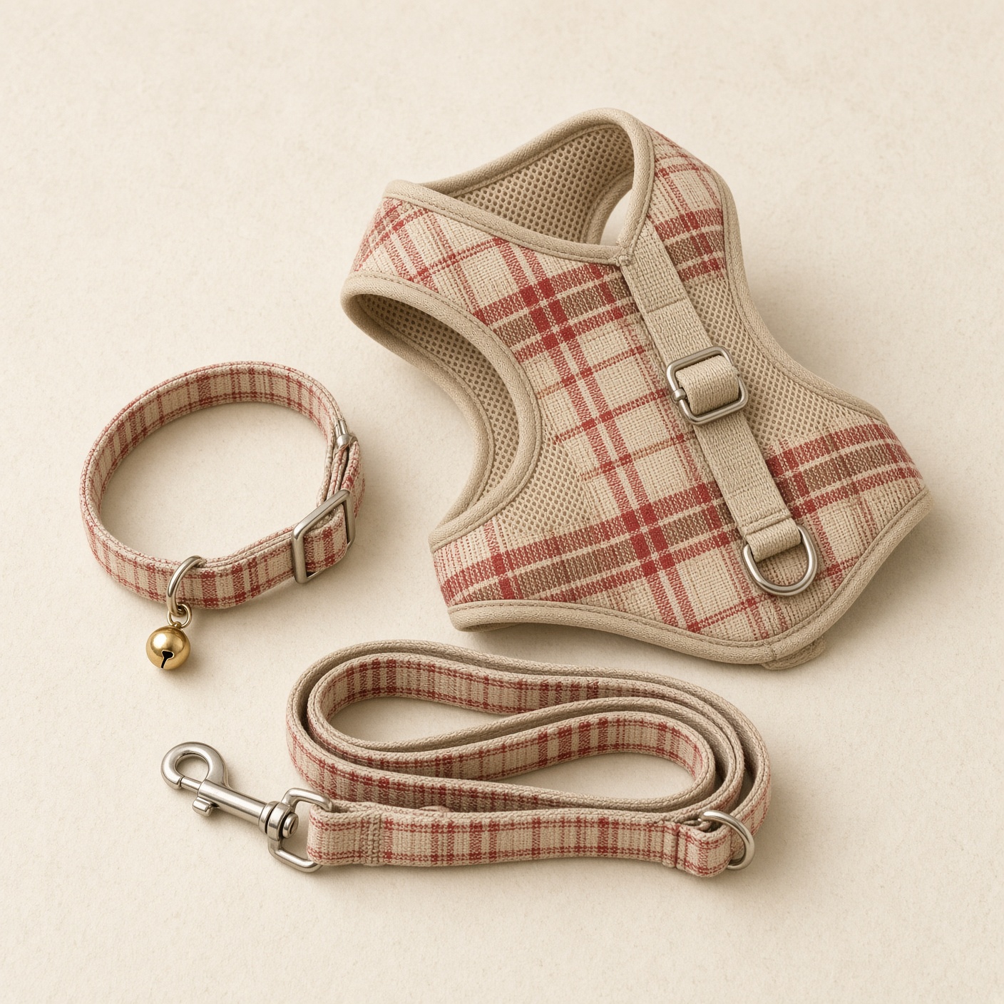 A beige and red puppy harness, collar, and leash set