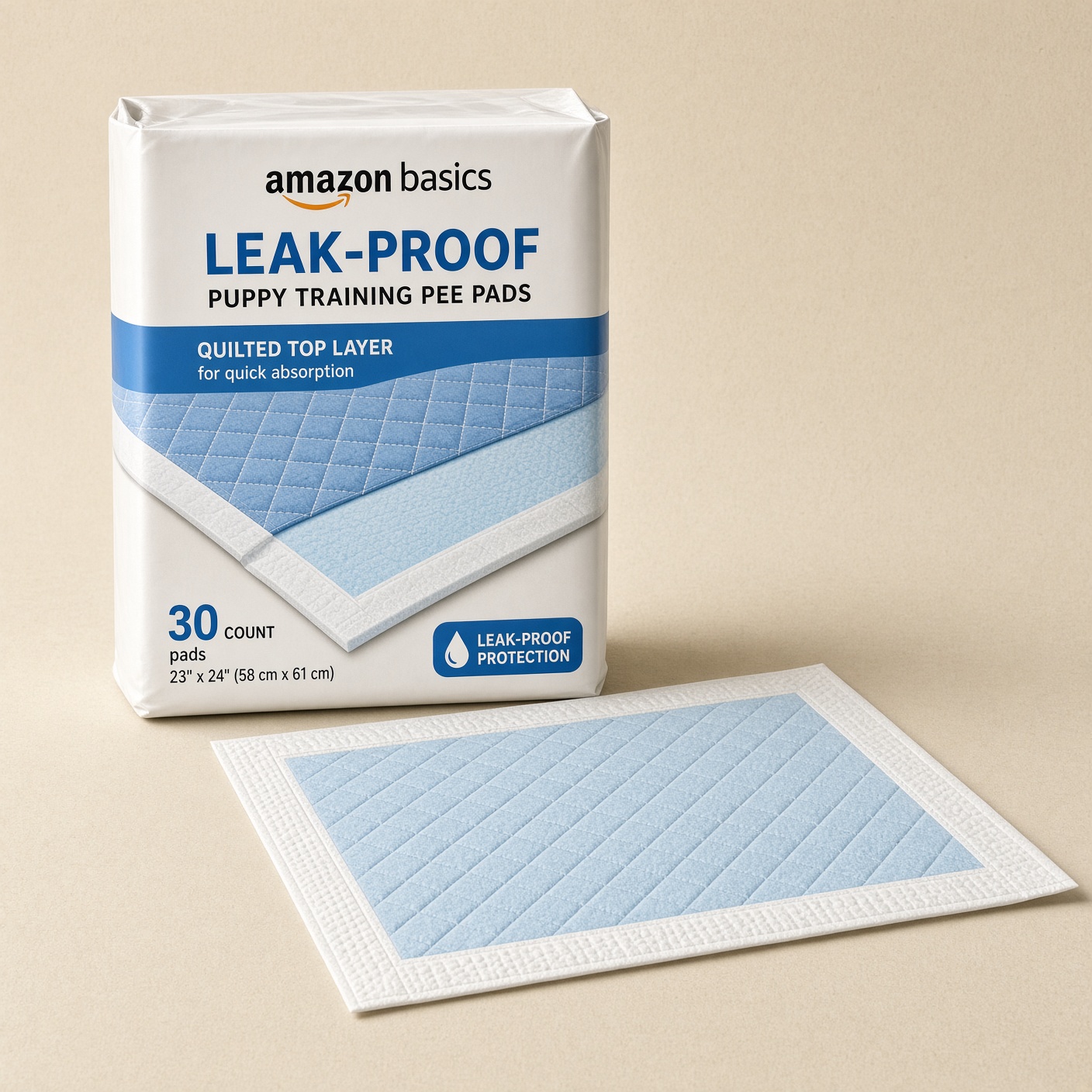 A pack of leak-proof blue and white puppy training pads