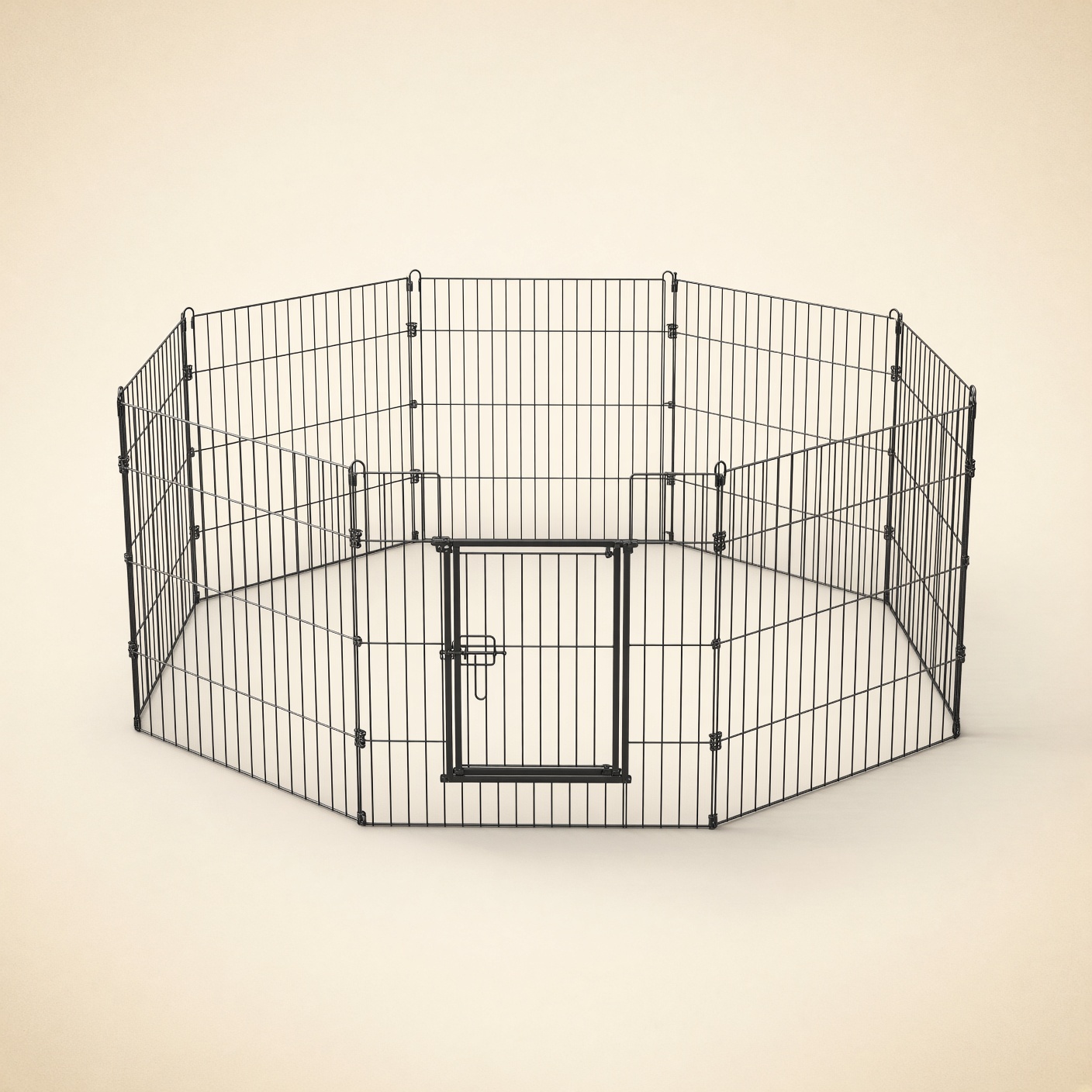 A black metal 8-panel foldable puppy playpen