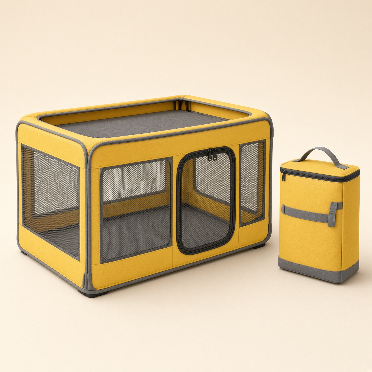 A yellow and grey foldable fabric puppy crate with a storage bag