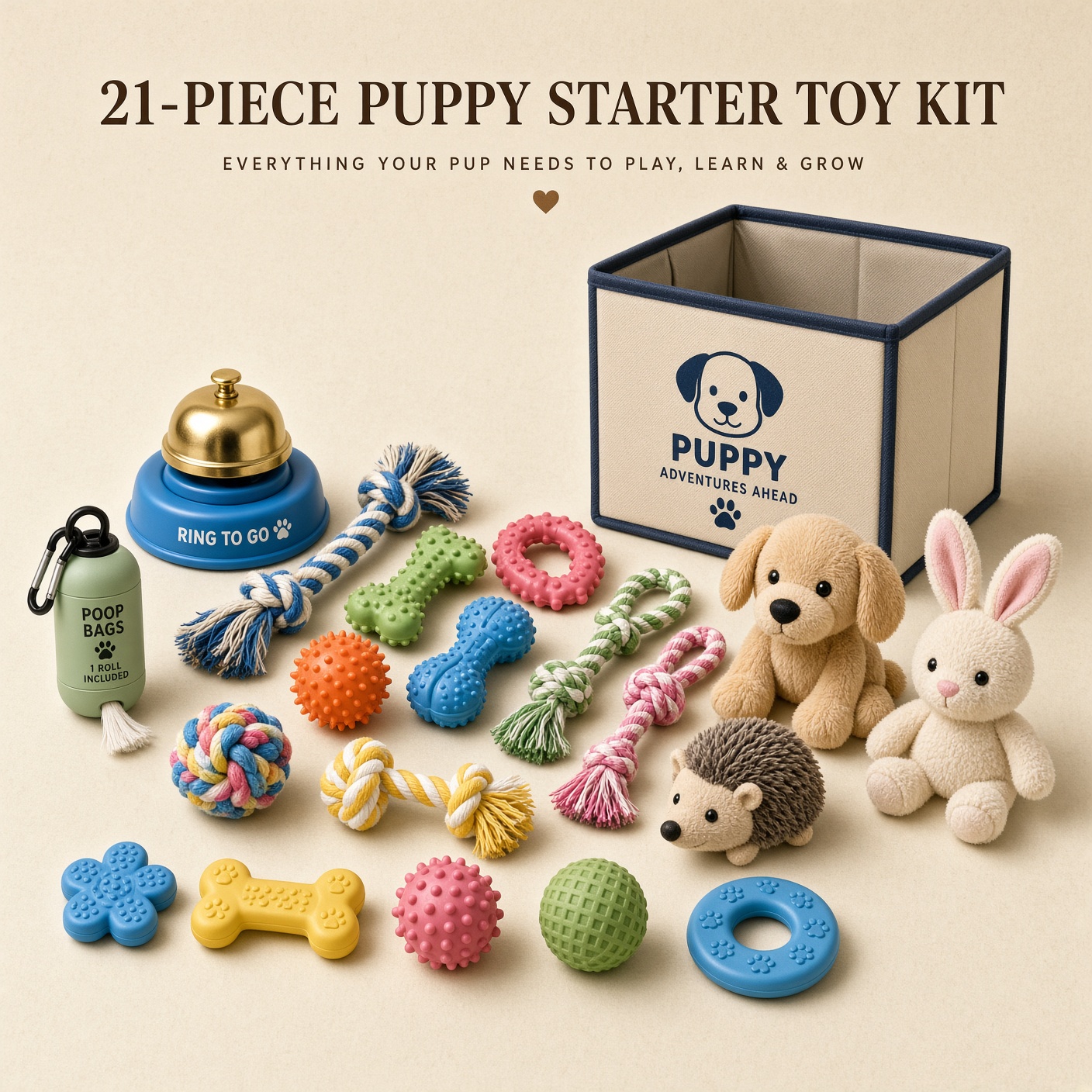 A puppy starter kit with chew toys, ropes, a training bell, and a toy box