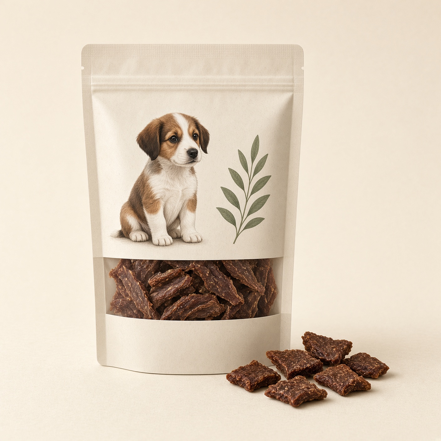 A pouch of Pooch and Mutt puppy beef jerky training treats